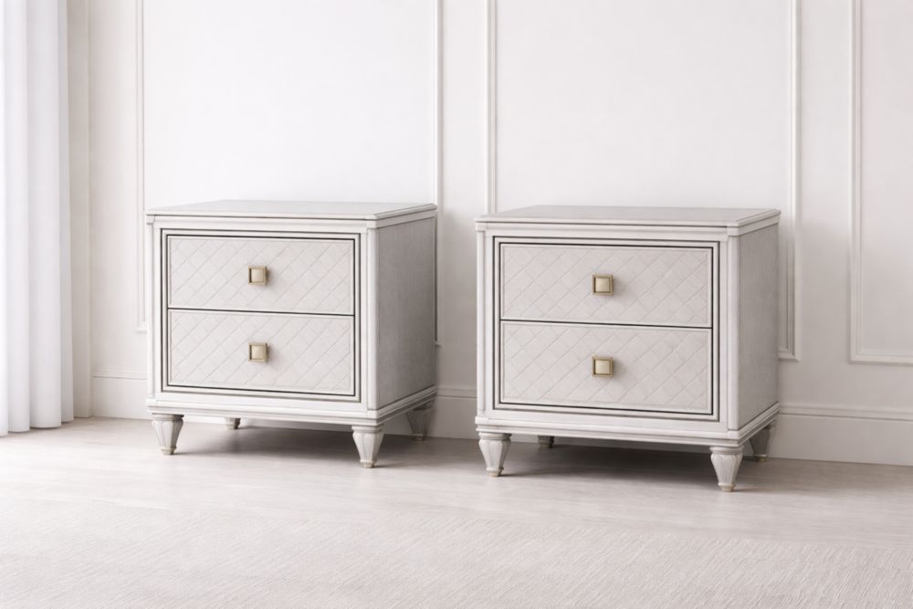 Set di 2 Comodini in Legno con 2 Cassetti Bianco