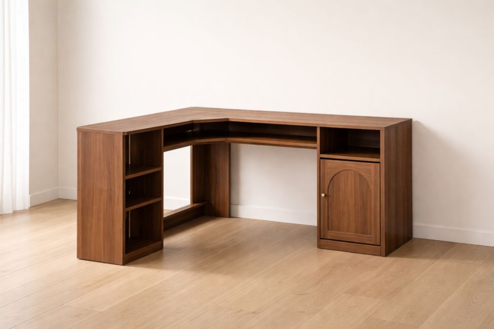 Scrivania ad Angolo in Legno con Mensole e Armadietto
