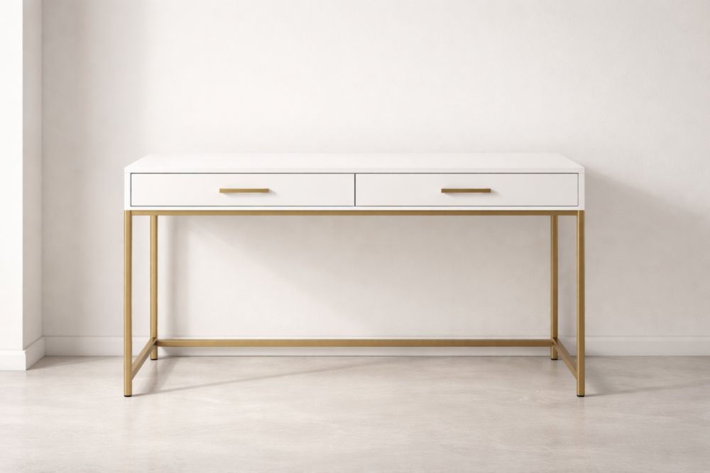 Scrivania Bianco e Oro con Cassetti in MDF e Acciaio