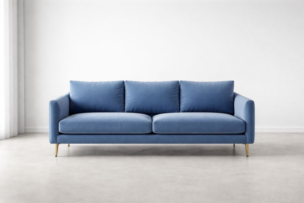 Divano tre posti in tessuto poliestere blu con gambe in metallo