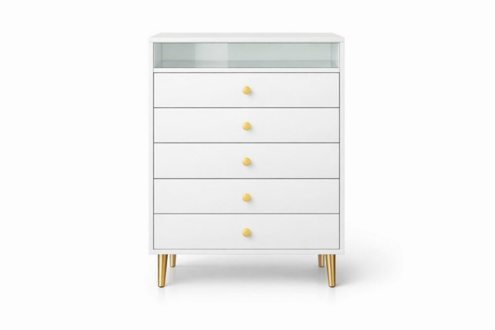 Cassettiera in MDF con 5 cassetti, maniglie gialle e gambe dorate, Bianco