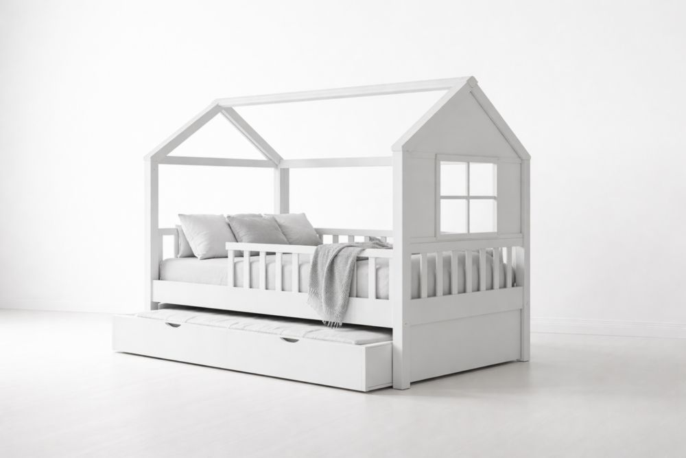 Letto Casetta per Bambini in Legno Massello con Cassetto Estraibile, Bianco