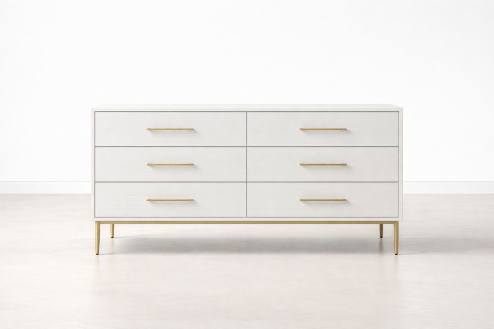 Cassettiera a 6 Cassetti MDF Bianco e Alluminio Oro