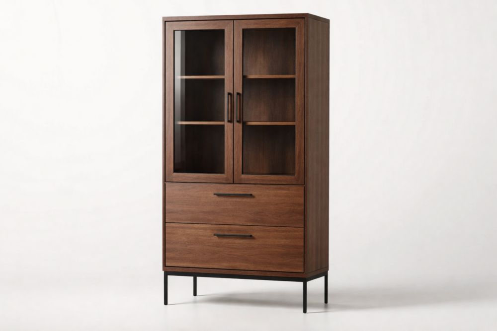 Armadio vetrina in legno massello con ante in vetro temperato marrone