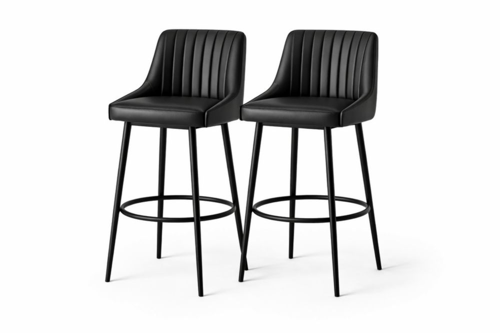 Set di 2 sgabelli da bar in acciaio e ecopelle neri con schienale imbottito