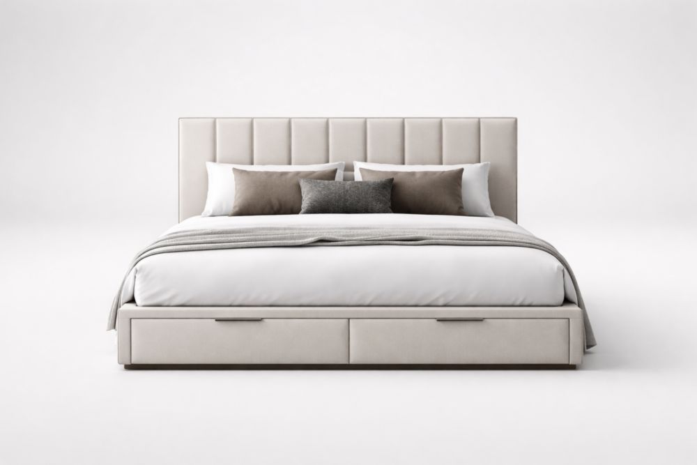 Letto matrimoniale in tessuto beige con cassetti integrati e testata imbottita
