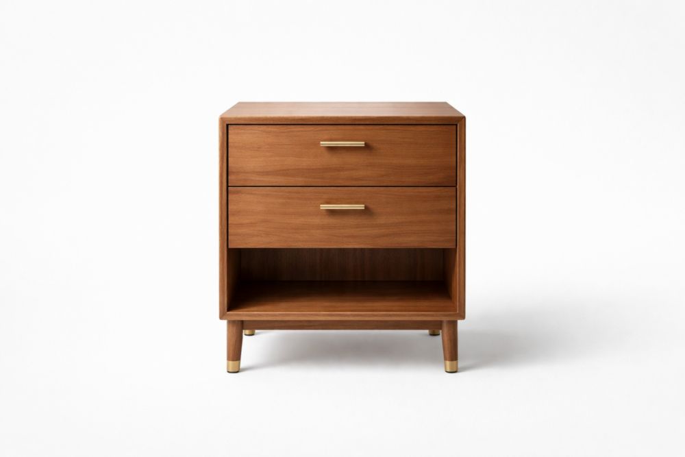 Comodino in Legno di Noce con Due Cassetti Finitura Naturale