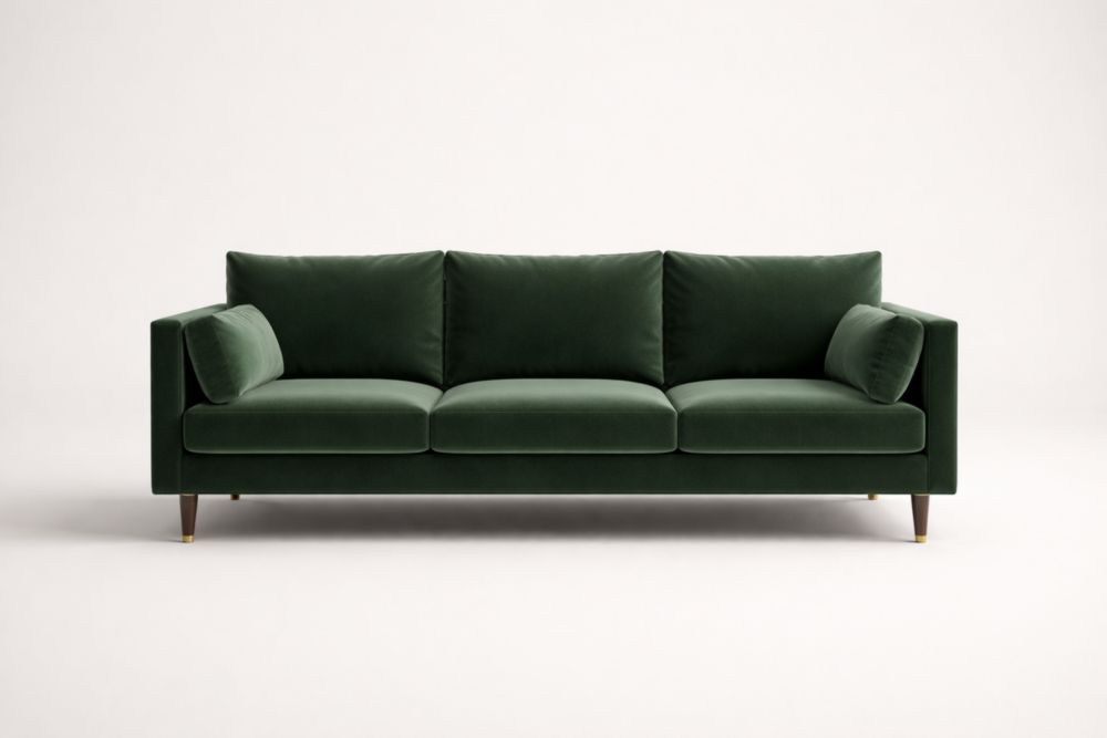 Divano Tre Posti in Velluto Verde con Piedini in Legno Massello