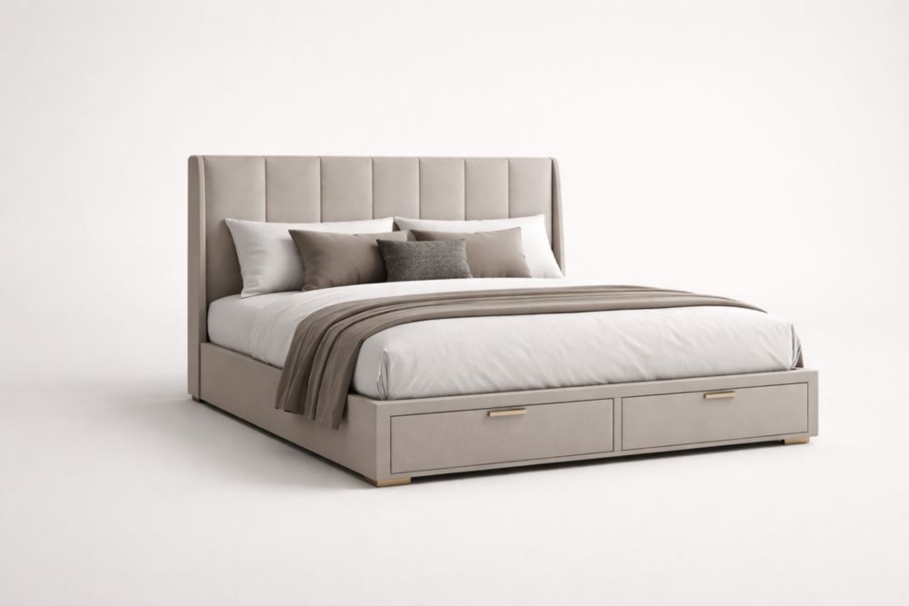 Letto matrimoniale in tessuto con contenitore e cassetti beige 200x160x100 cm