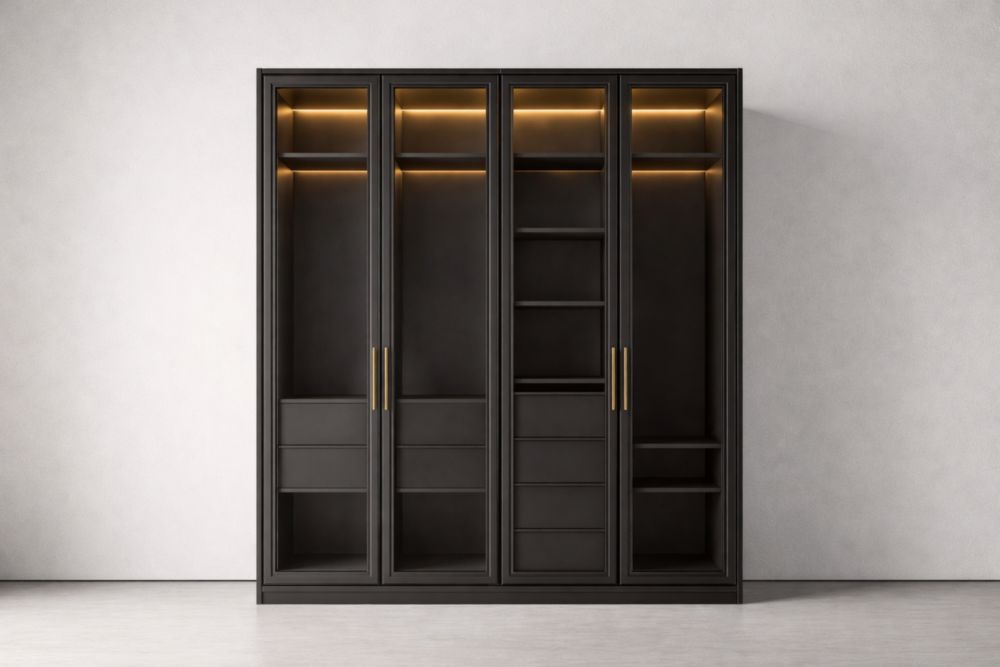 Armadio con 4 Ante Scorrevoli in Legno Composito Marrone Scuro con Illuminazione LED