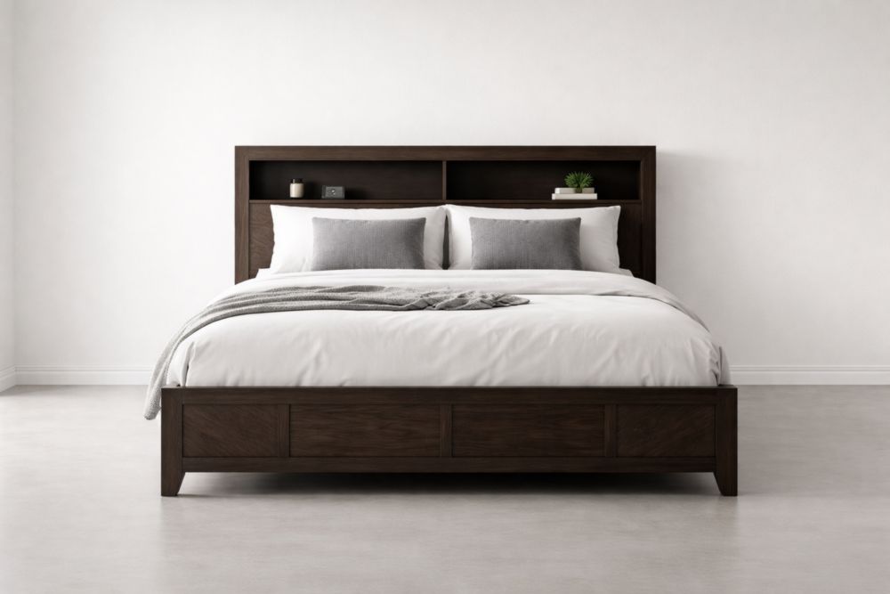 Letto matrimoniale in legno massello con testiera scaffale 210x160 cm Marrone