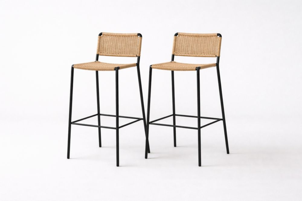 Set di 2 sgabelli in Alluminio e rattan sintetico neri e beige