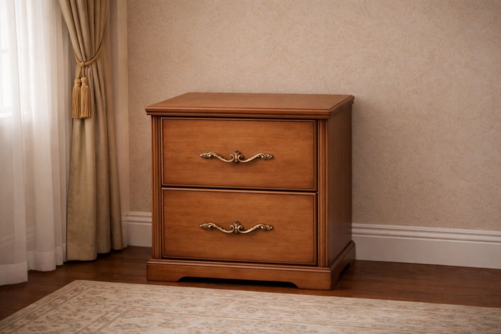 Comodino in Legno di quercia con Due Cassetti e Maniglie Dorate 50x40x55cm Marrone