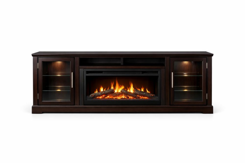 Mobile TV con Camino Elettrico in Legno Massello e Vetro Marrone