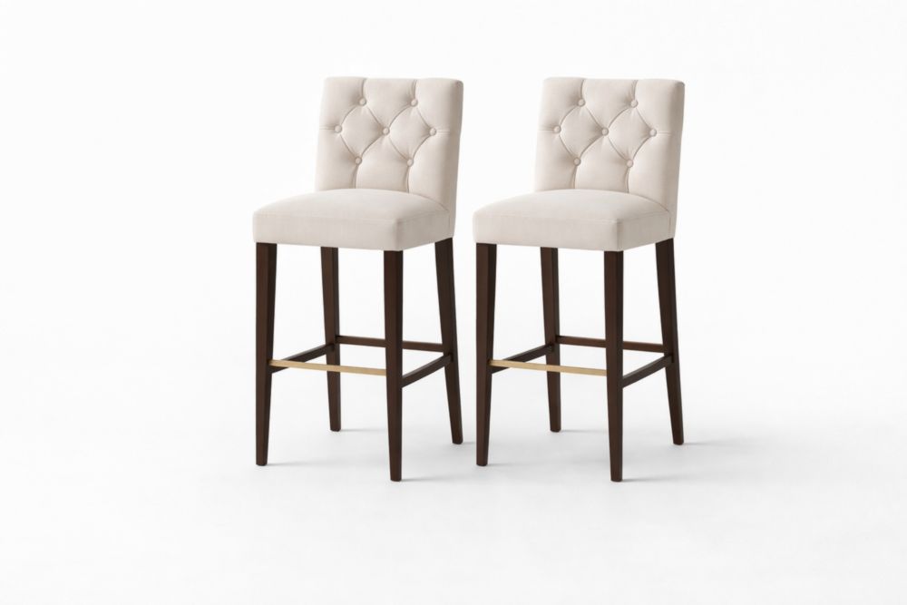 Sgabelli da Bar Set di 2 in Tessuto Imbottito con Struttura in Legno Massello Crema