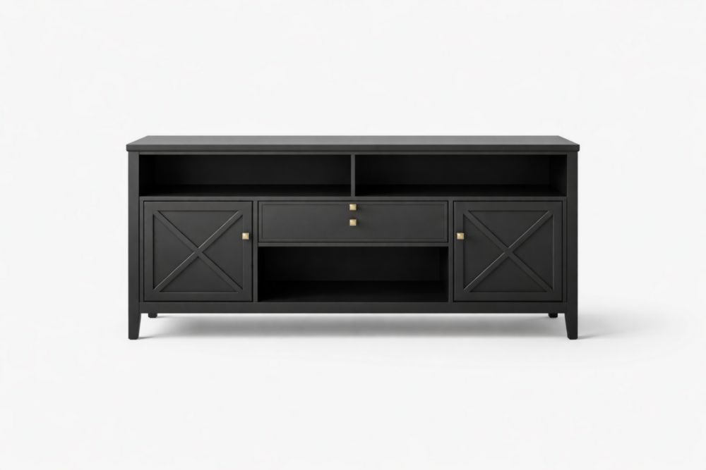 Mobile TV in legno massello con armadietti e cassetto nero 143x40x75 cm