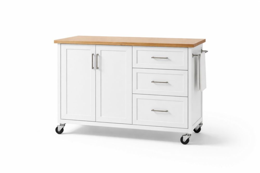 Carrello da Cucina con Ripiano in Naturale e Corpo Bianco con 3 Cassetti e 2 Ante