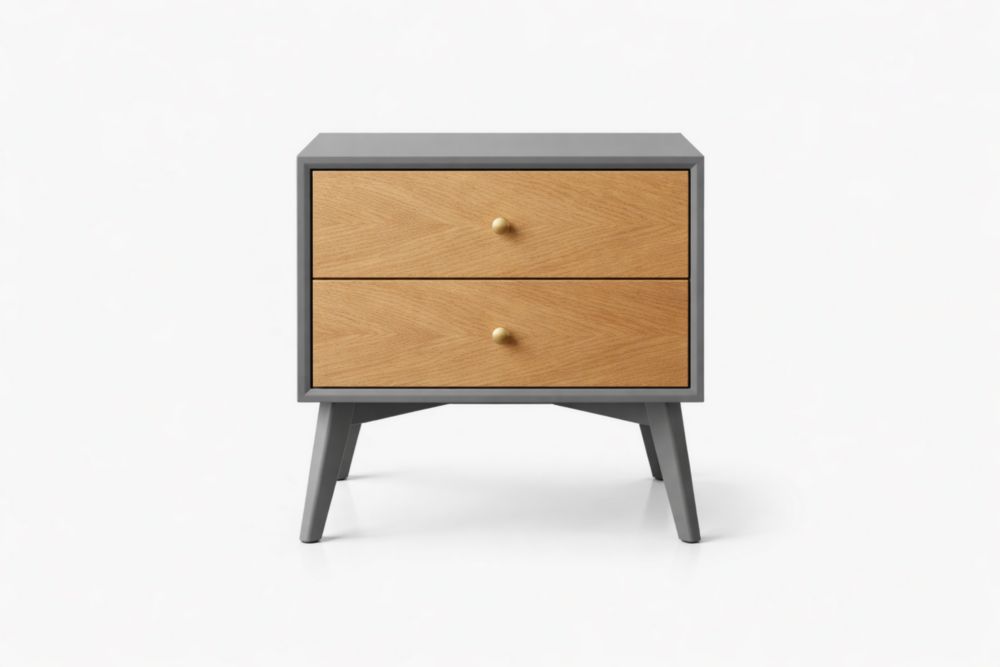 Comodino in Legno di Rovere e MDF Grigio con Due Cassetti