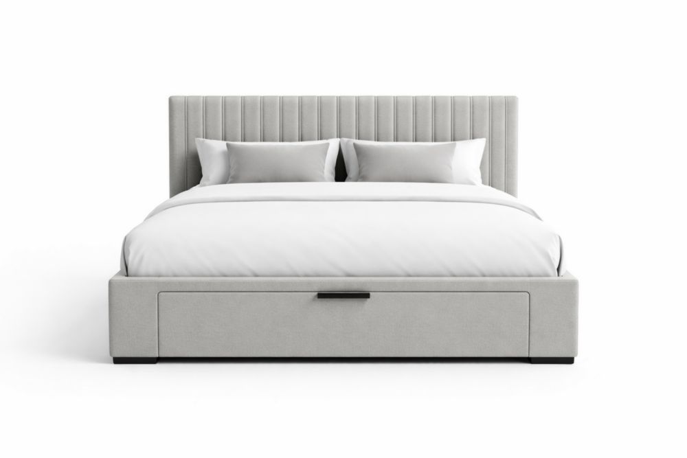Letto imbottito con cassetto contenitore in tessuto grigio