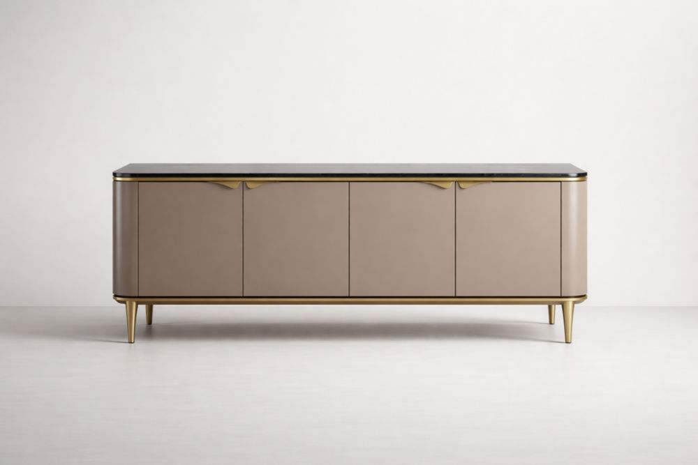 Madia in MDF con ripiano in marmo e dettagli Alluminio 180x45x75cm Beige/Ottone