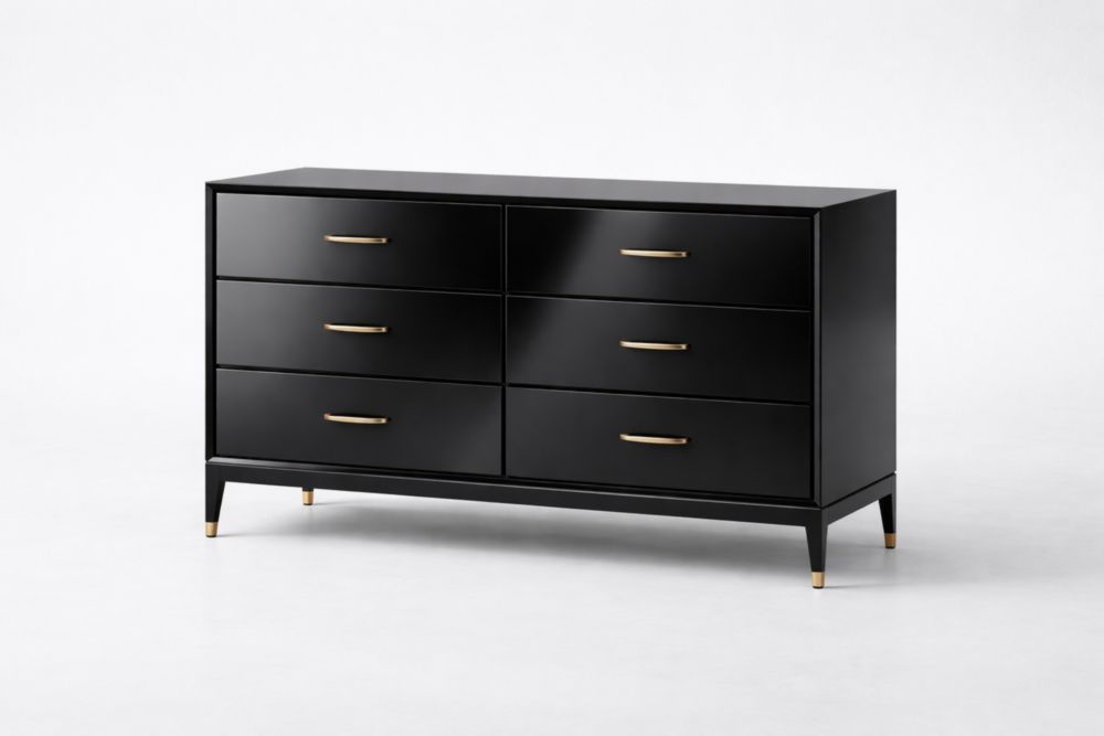 Cassettiera in MDF Nero con Sei Cassetti e Maniglie Dorate