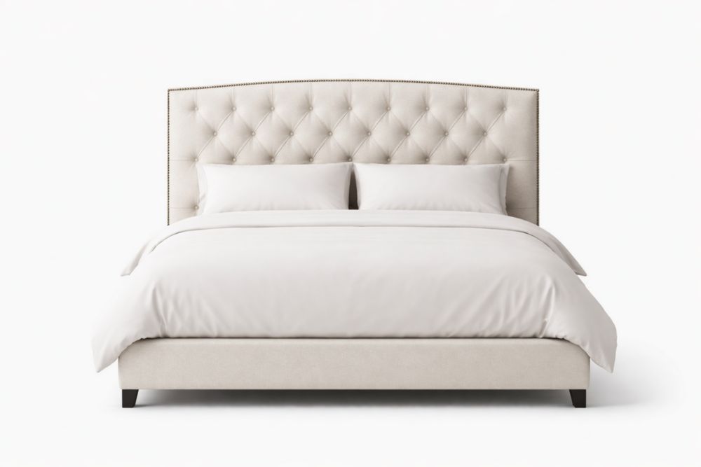 Letto Matrimoniale Imbottito in Tessuto Beige con Cuscini