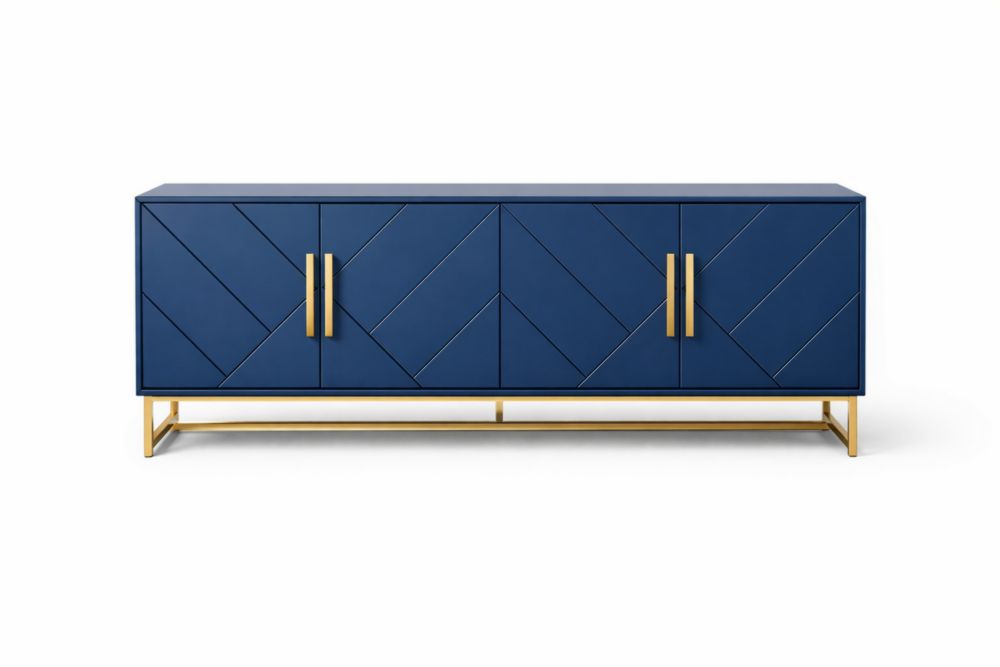 Credenza in MDF con Ante Blu e Base Dorata 180x40x75 cm