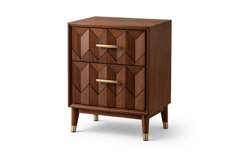 Comodino in legno massello con 2 cassetti decorativi marrone 56x40x76 cm