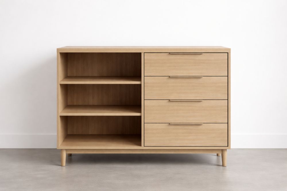 Cassettiera in Legno di Quercia con Ripiani e 4 Cassetti