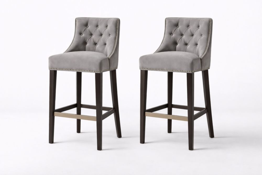 Set di 2 sgabelli da bar in velluto grigio e legno massello scuro