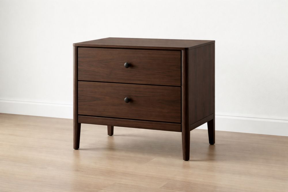 Comodino in Legno Massello con 2 Cassetti, Noce