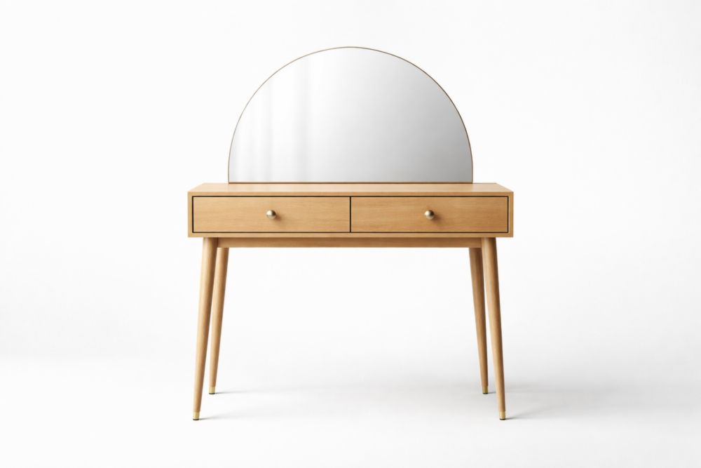 Toletta in legno Massello con specchio semicircolare e due cassetti