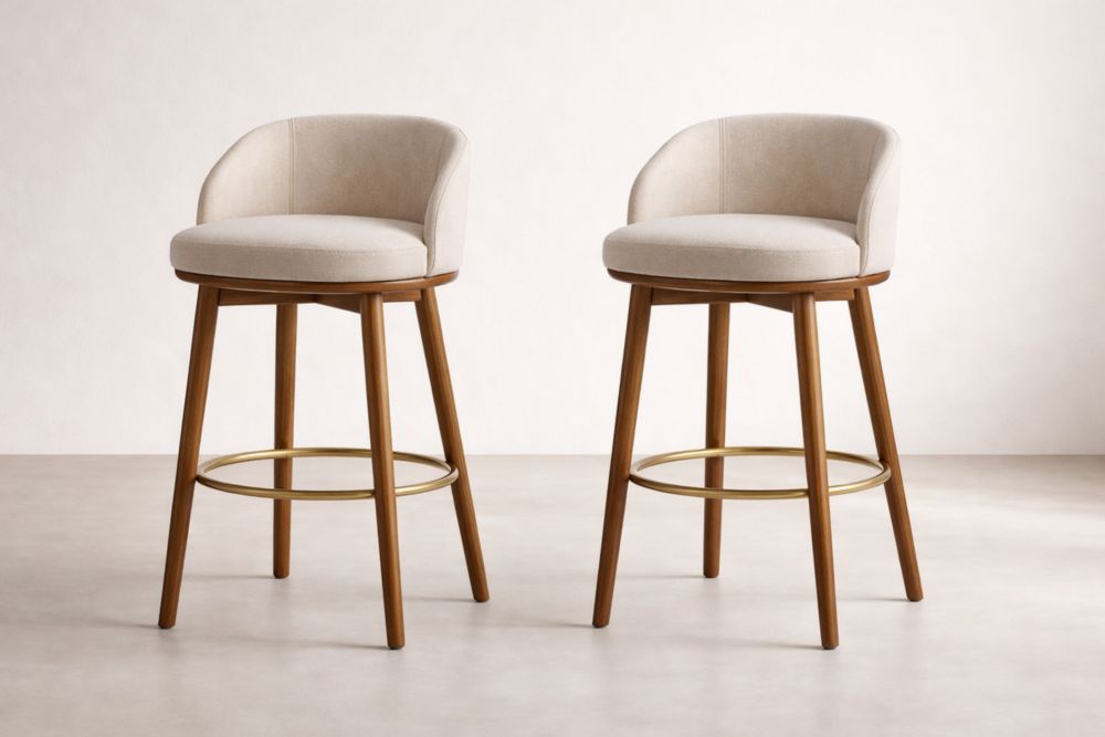 Set di 2 sgabelli in tessuto beige con struttura in legno massello e poggiapiedi in Alluminio