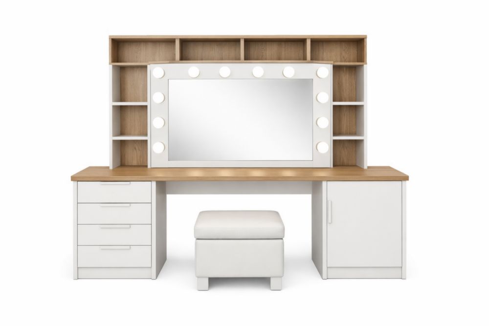 Tavolo da Toeletta con Specchio Illuminato, Sgabello e Ripiani