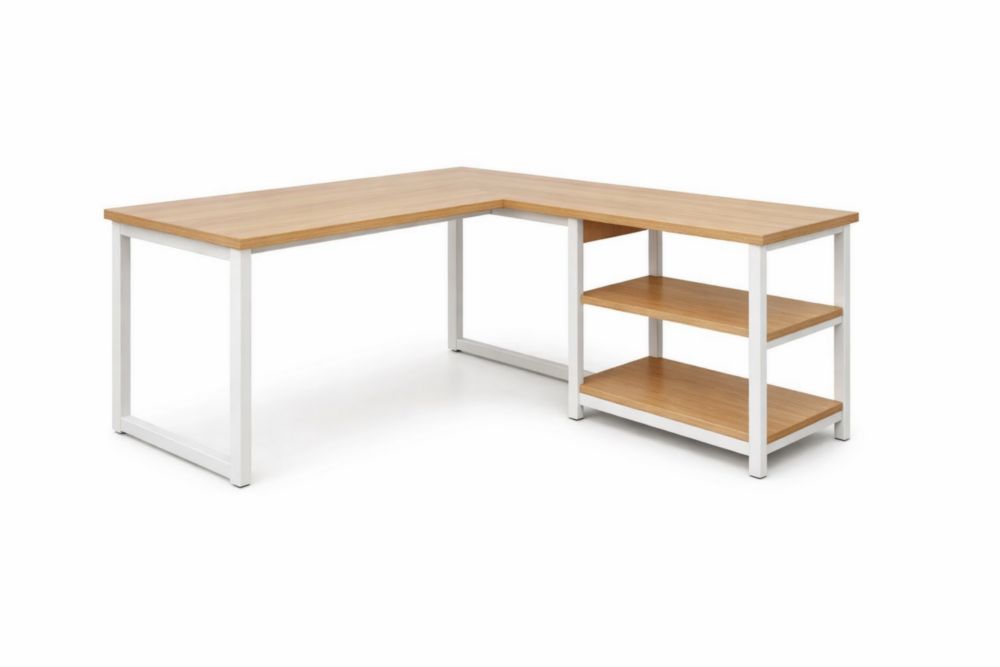 Scrivania angolare in legno massello e alluminio con ripiani 150x120x75 cm Marrone/Bianco