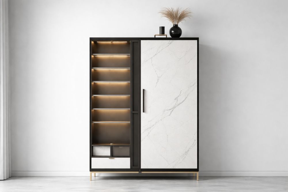 Armadio con Ripiani e Porta in Marmo Sintetico Bianco 200x100x50 cm Illuminazione