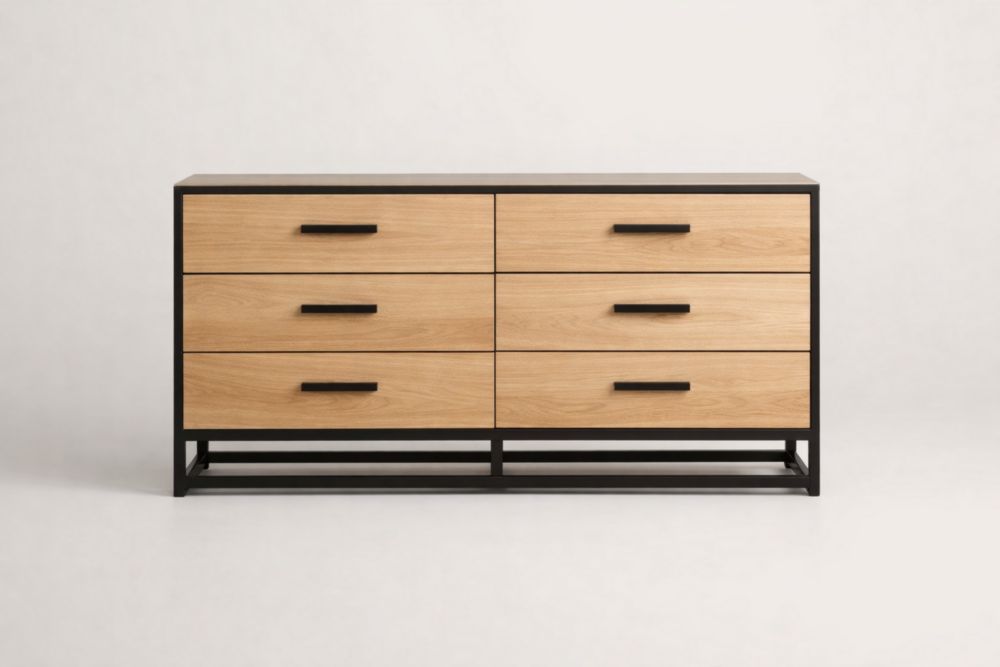 Cassettiera in rovere e alluminio con 6 cassetti Naturale/Nero