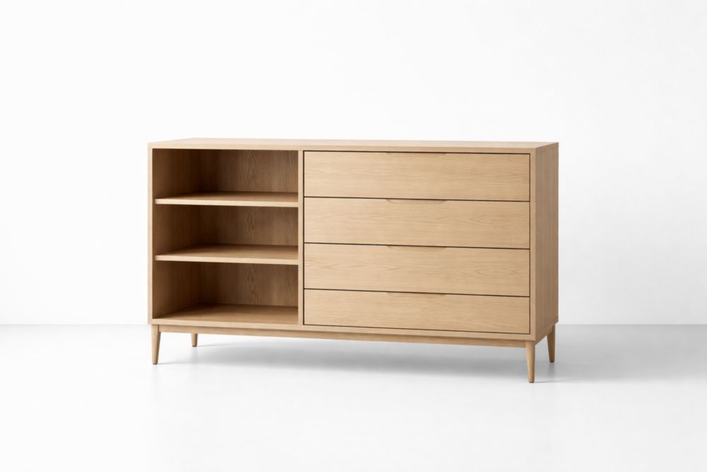 Cassettiera in legno di rovere con quattro cassetti e tre ripiani