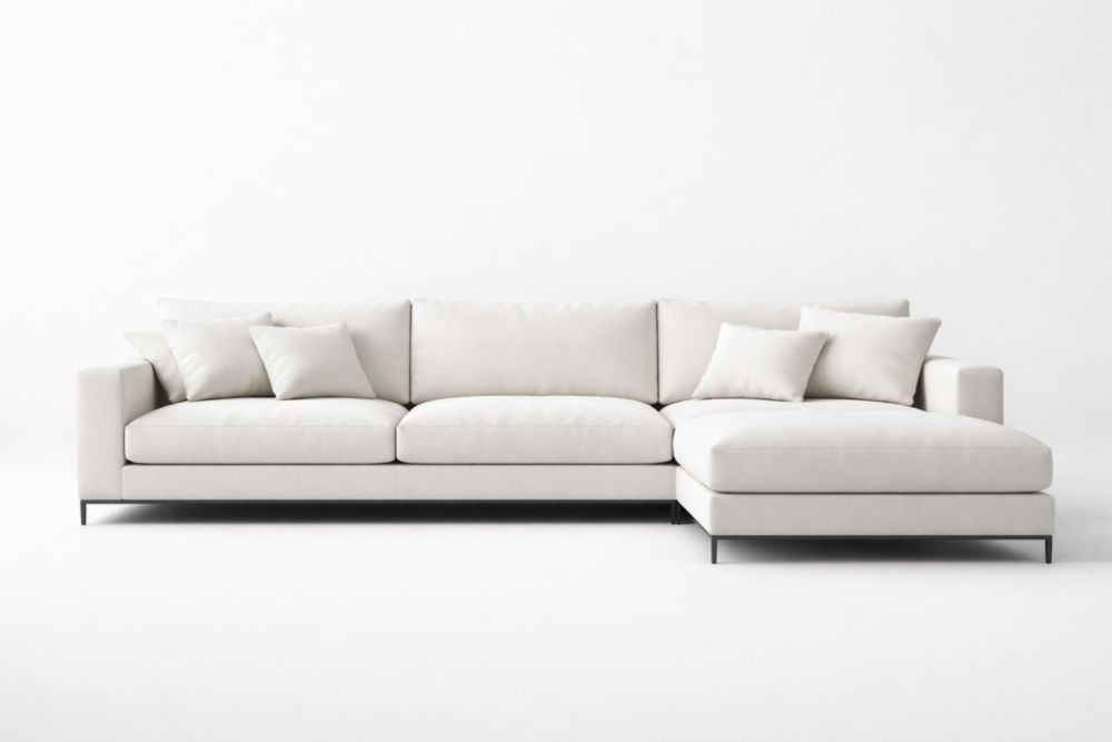 Divano angolare in legno massello e alluminio con tessuto bianco