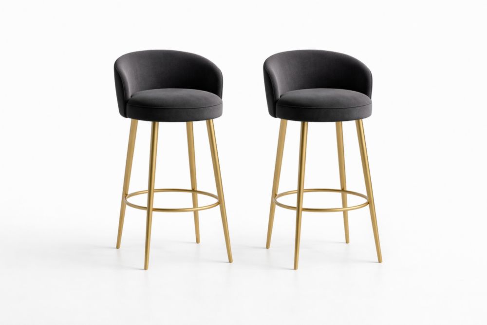 Set di 2 sgabelli in velluto grigio con gambe in Alluminio dorato