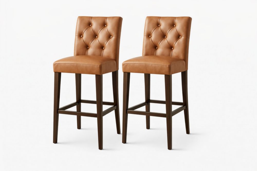 Set di 2 Sgabelli Alti in Ecopelle Marrone con Gambe in Legno Massello