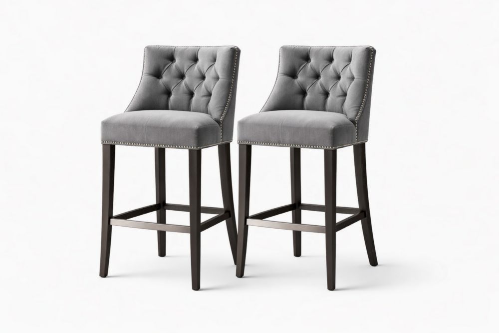 Set di 2 Sgabelli in Velluto Grigio con Schienale a Bottoni