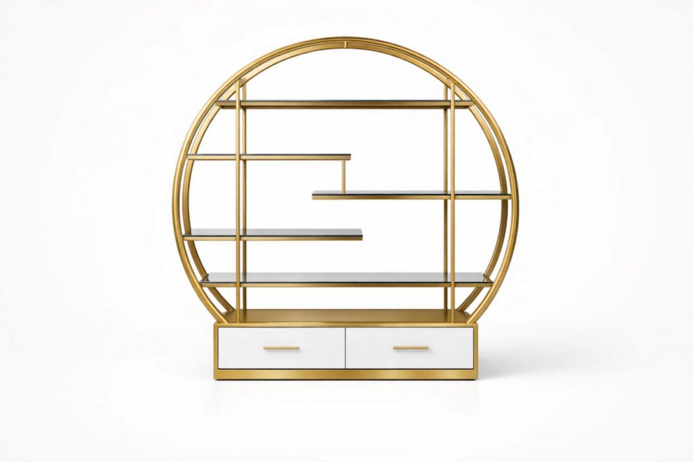 Libreria circolare in Alluminio dorato con ripiani in vetro e cassetti