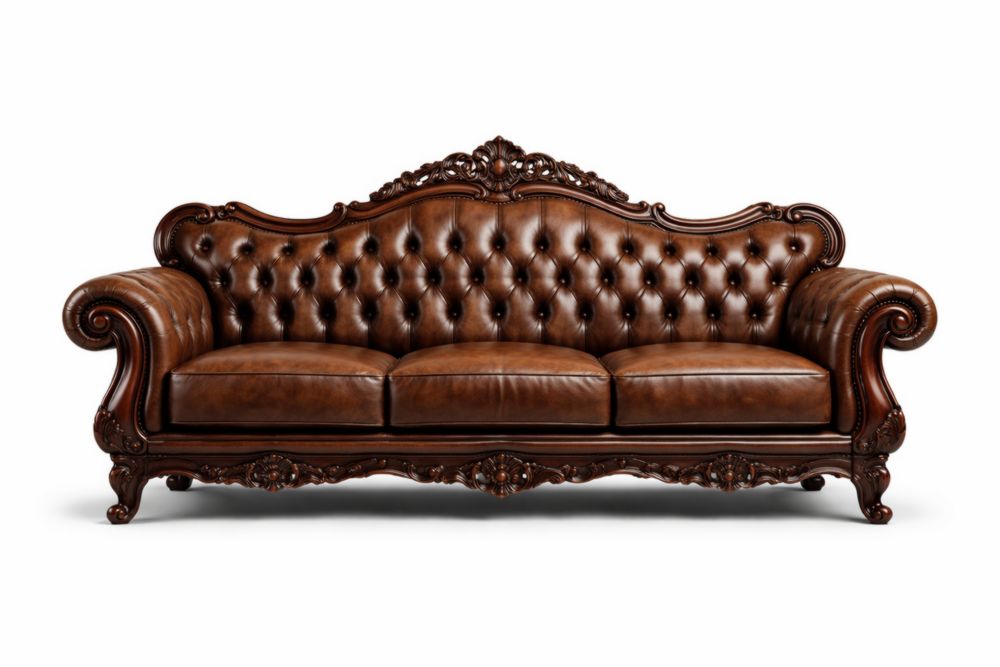 Divano classico in pelle e legno massiccio marrone