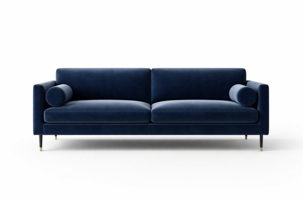 Divano in Velluto Blu con Braccioli Cilindrici e Gambe in Acciaio