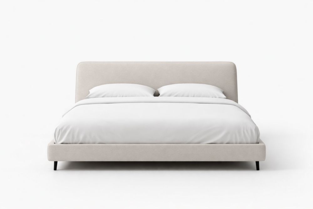 Letto matrimoniale imbottito in tessuto con struttura in legno massello e acciaio beige
