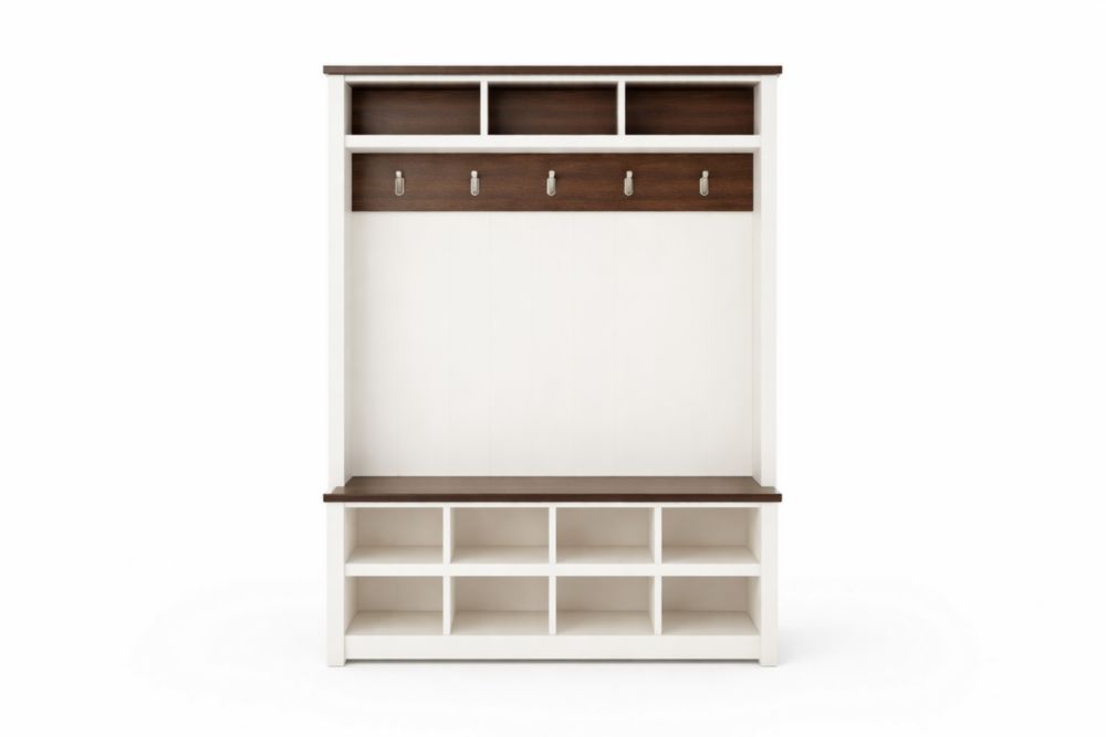 Appendiabiti in legno composito con ripiani e ganci bianchi e marroni