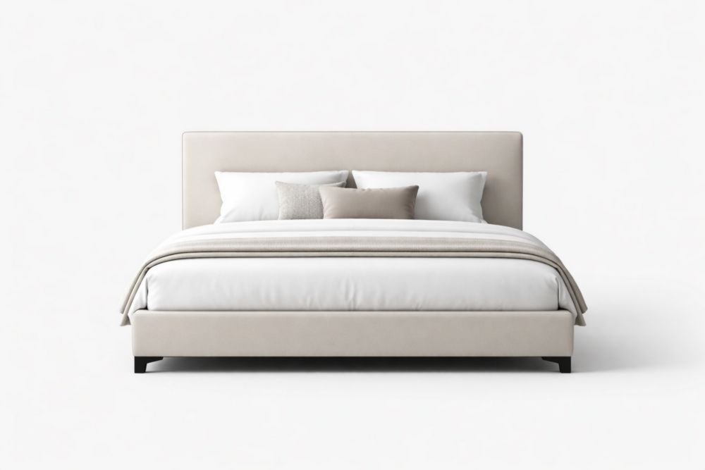 Letto matrimoniale in tessuto e legno massello beige con cuscini