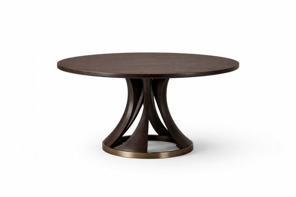 Tavolo rotondo in legno massello con base decorativa marrone