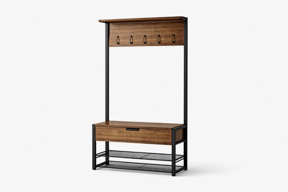 Appendiabiti Ingresso in Legno Composito e Acciaio con Panca e Mensola